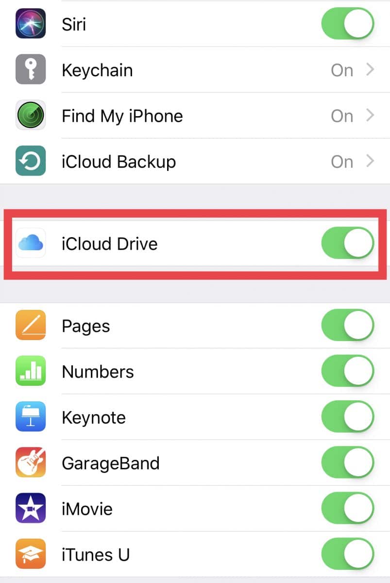 toggle iCloud drive