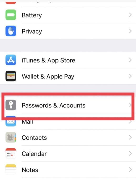 passwords and email accounts screen