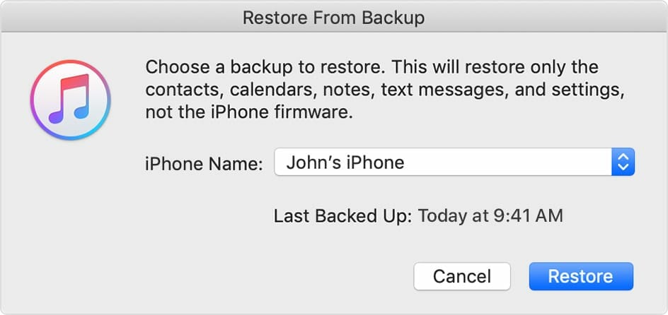 itunes restore from backup pop-up